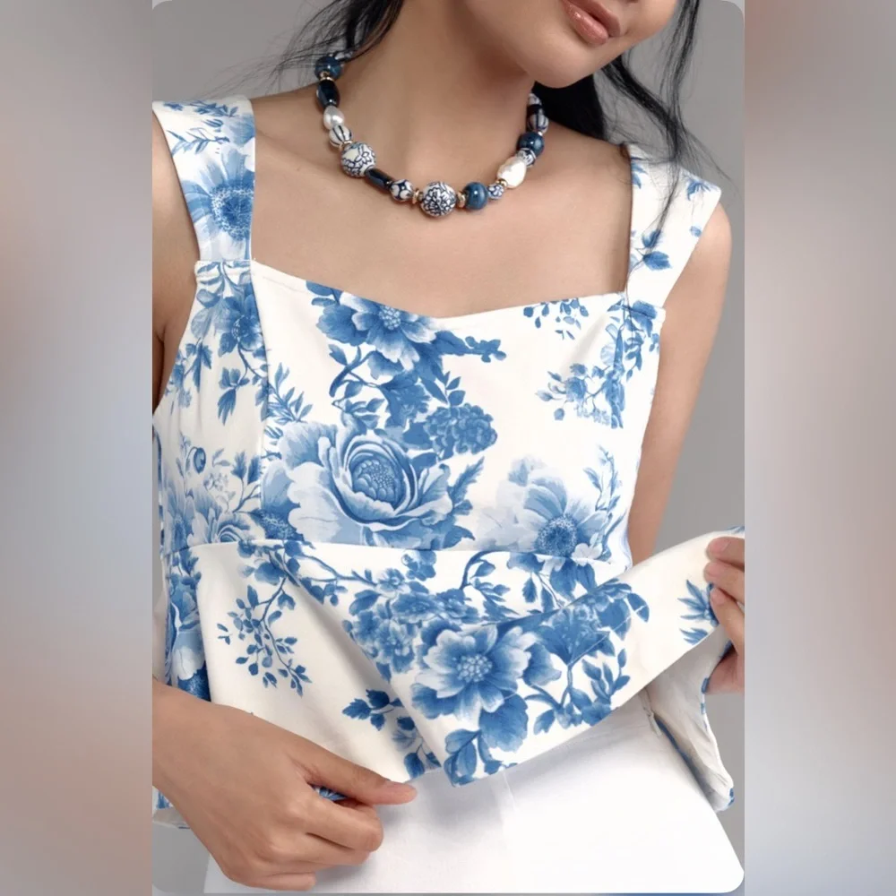 Anthropologie Maeve Square-Neck Peplum Tank Top in Blue Pattern Size M nwt - Picture 3 of 11